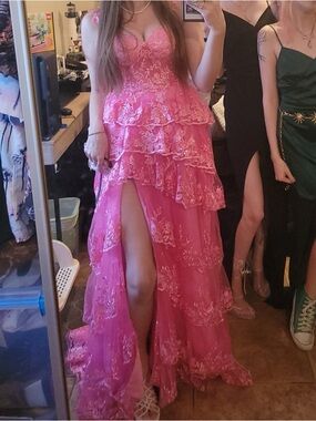 Hot pink sparkly tiered tulle formal dress for prom/dances